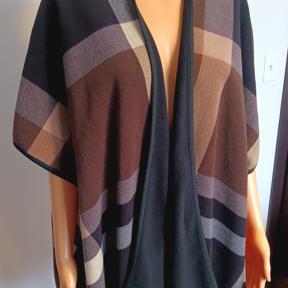 Plaid Poncho with Black Trim